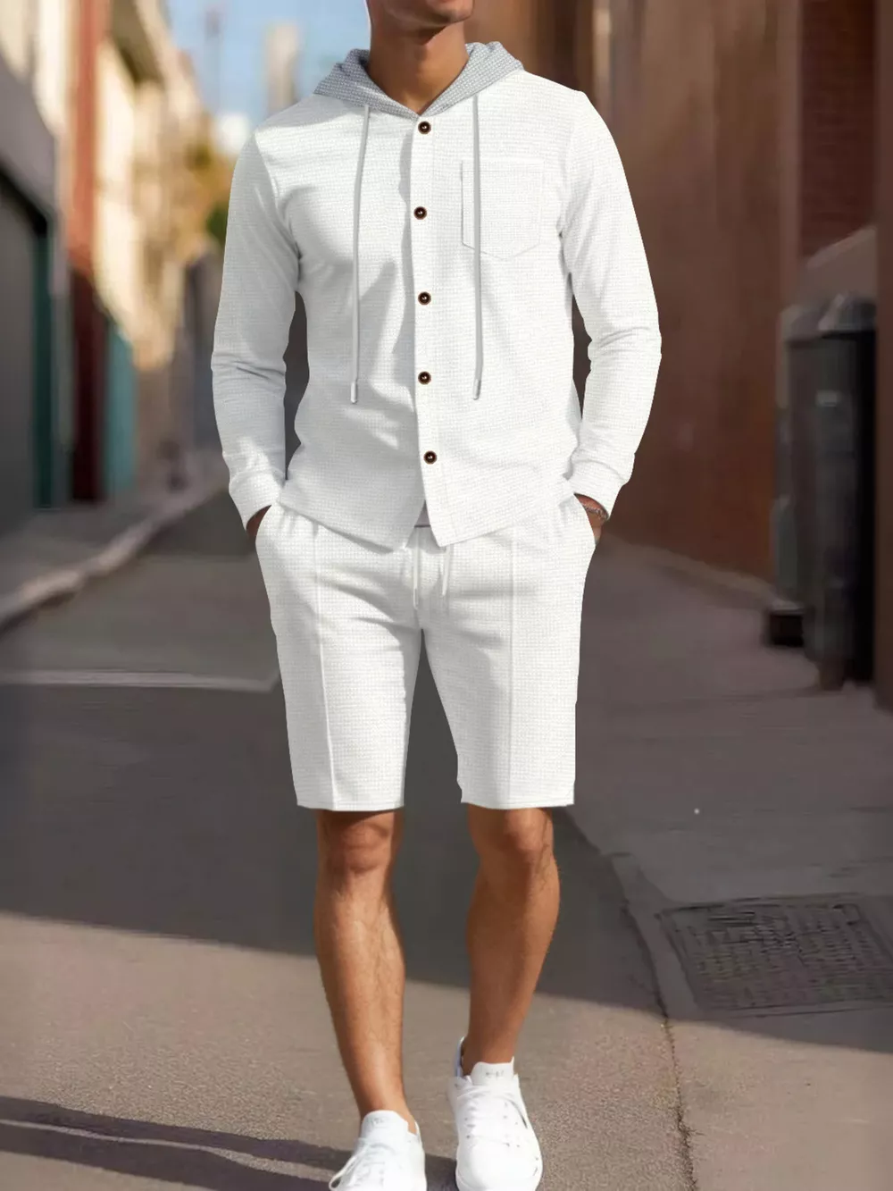 Men's Full Size Casual Hooded Button-Up Top and Shorts Set Plus Size
