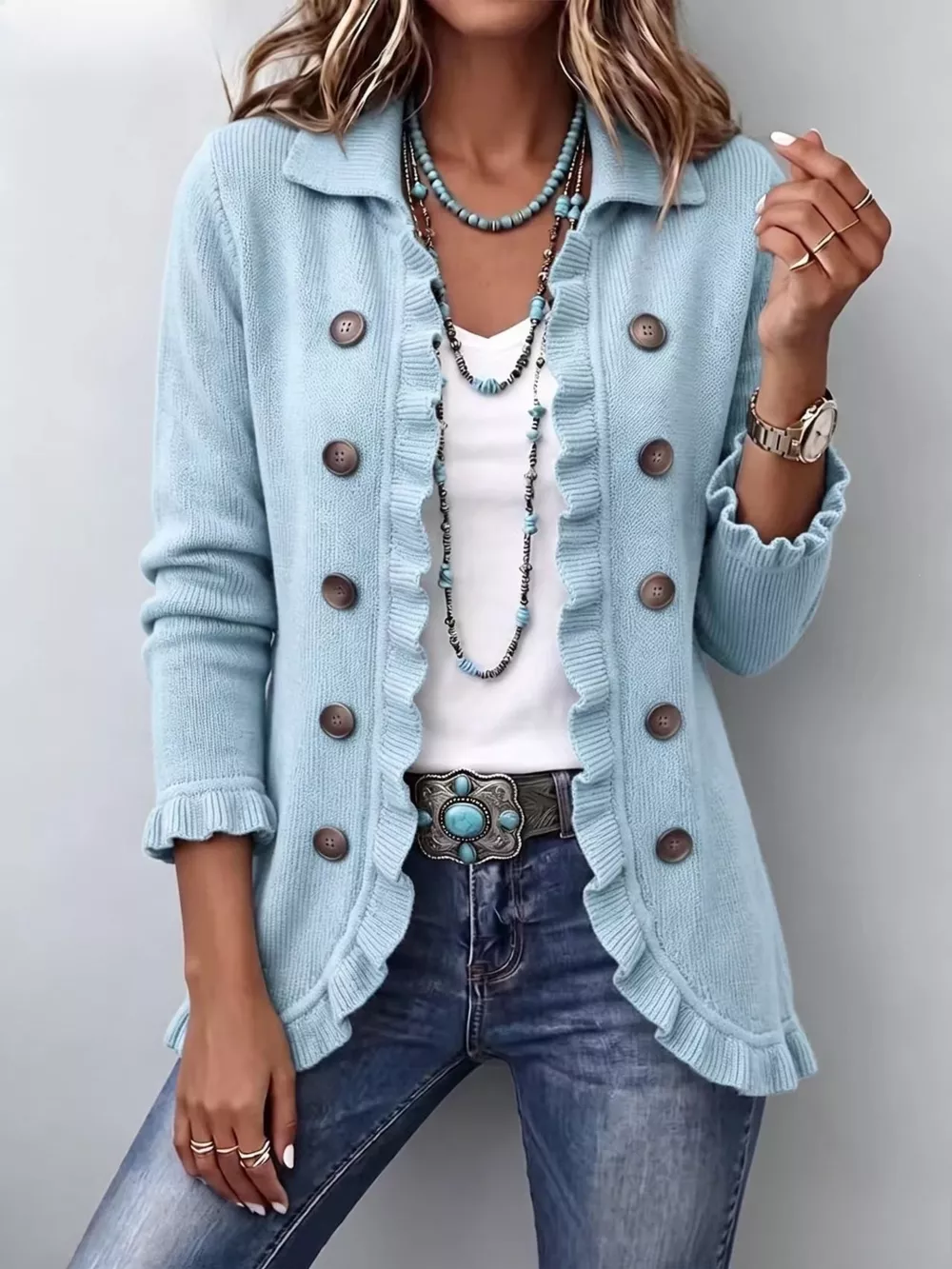 Full Size Ruffled Trim Decorative Button Cardigan Plus Size, image 11