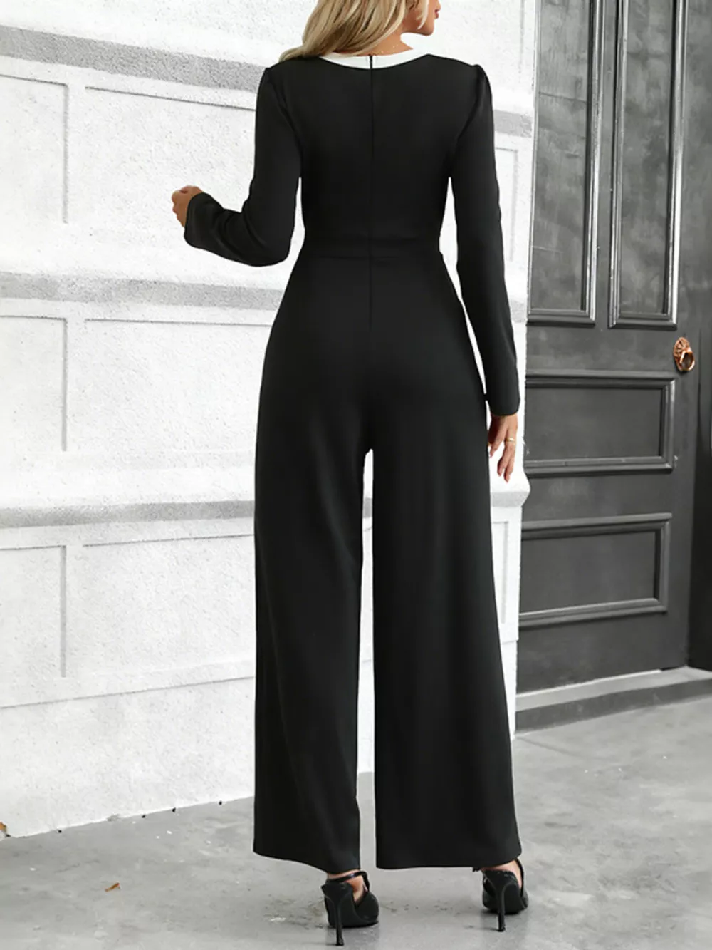Button-Decor Long Sleeve Wide Leg Jumpsuit, image 3