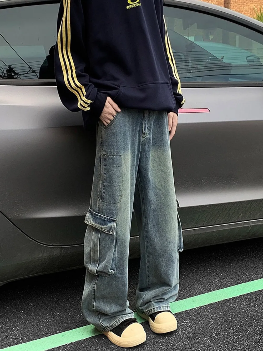 Men's Full Size Vintage Wash Wide Leg Cargo Jeans Plus Size, image 2