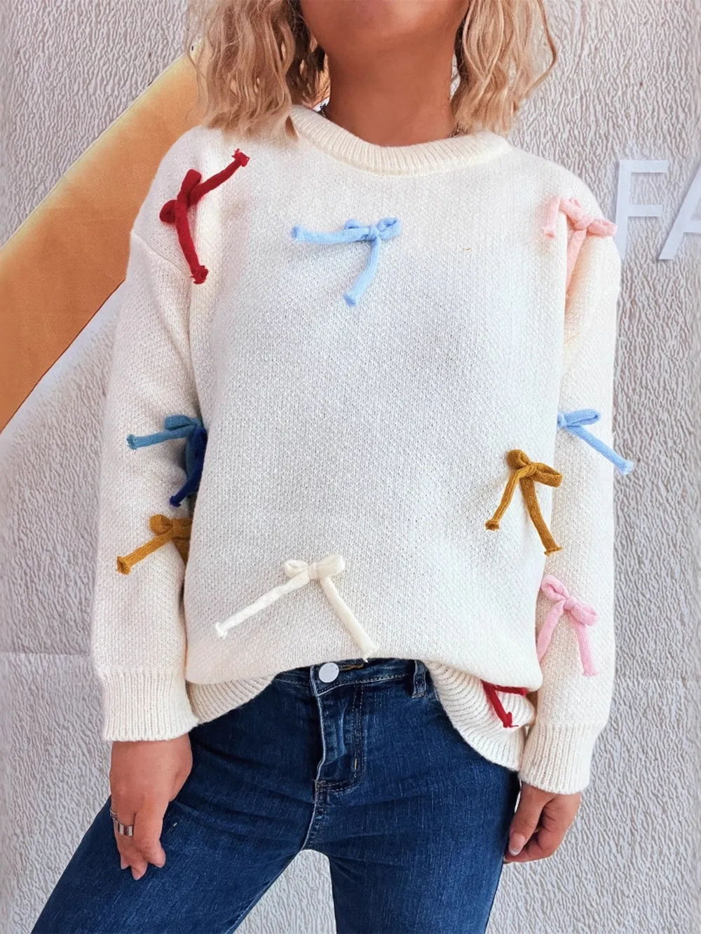 Colorful Bow Round Neck Sweater, image 25
