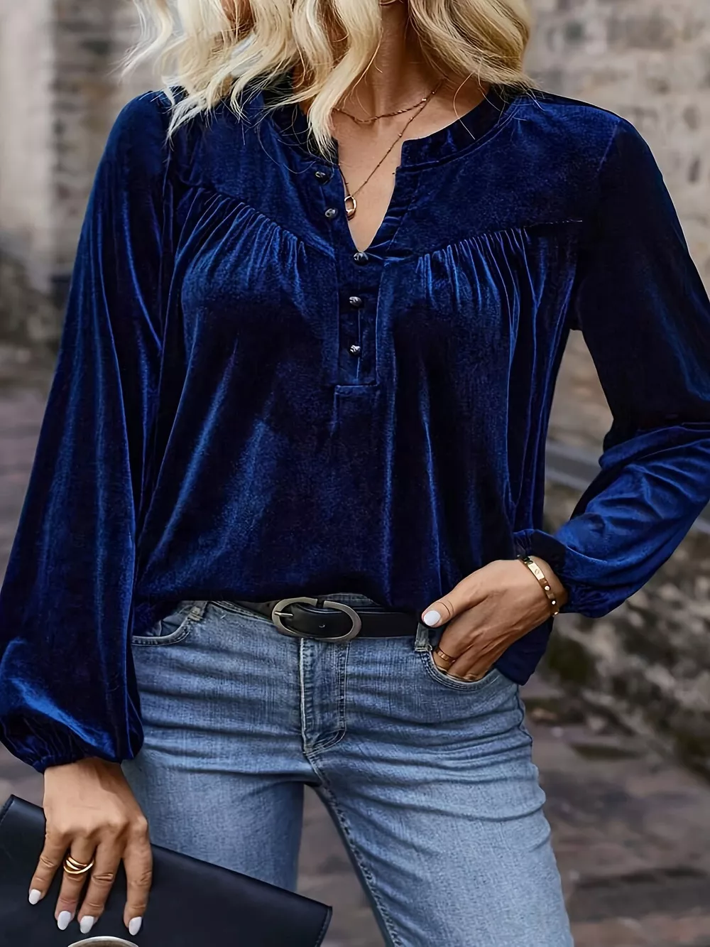Velvet Notched Long Sleeve Blouse, image 2