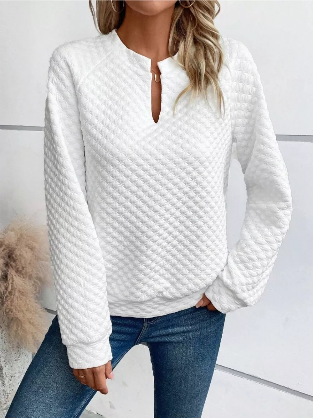 Textured Notched Raglan Sleeve Sweatshirt, image 3