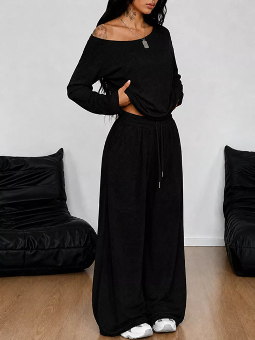 Boat Neck Long Sleeve Top and Wide-Leg Pants Set, image 5