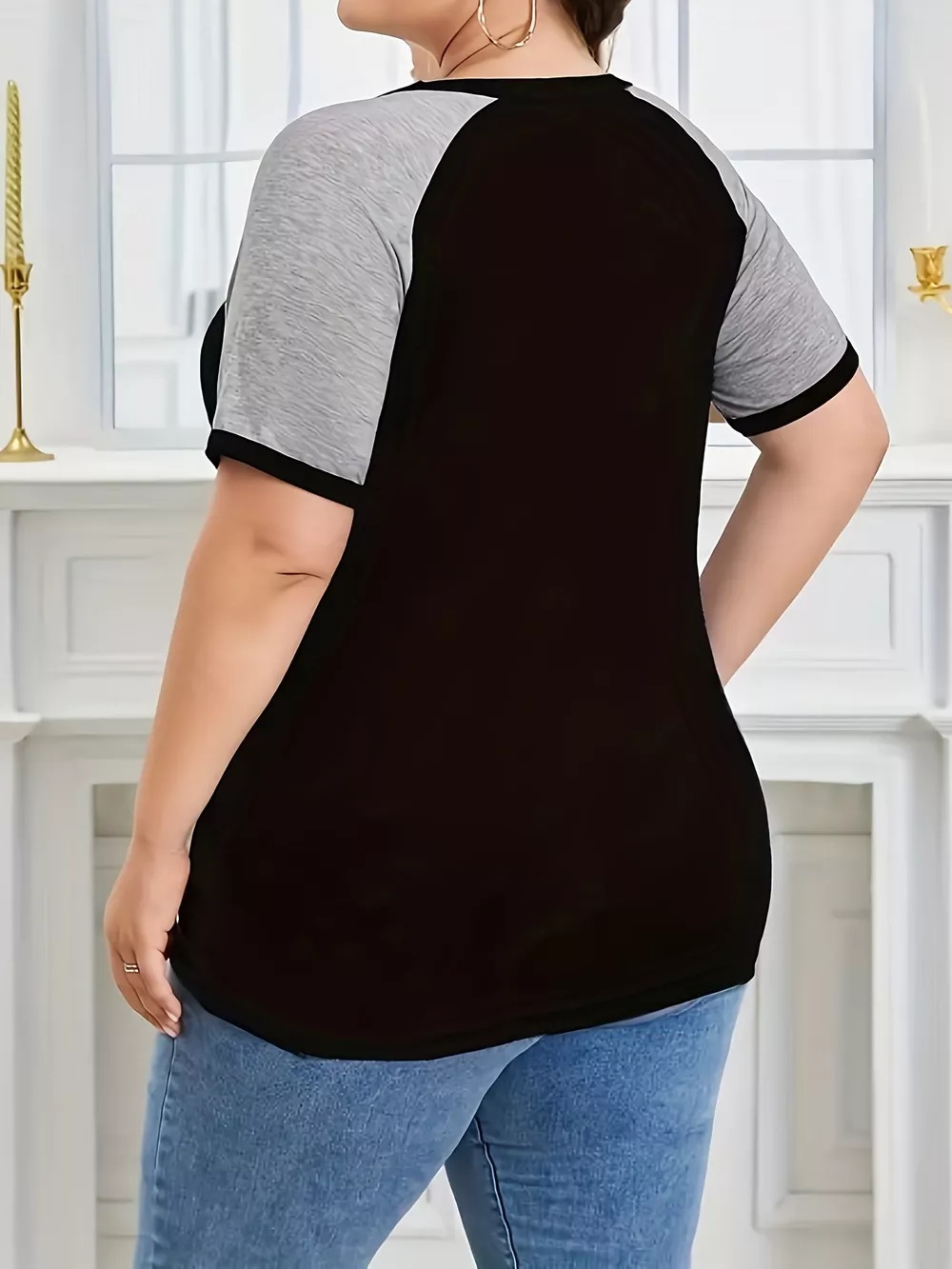 Plus Size Casual Color Block Raglan Sleeve T-Shirt, image 3