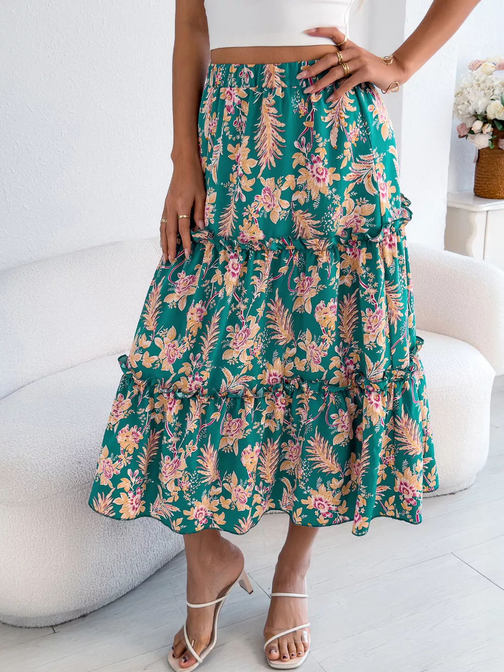 Floral Print Ruffle Hem Flowy Midi Skirt, image 3