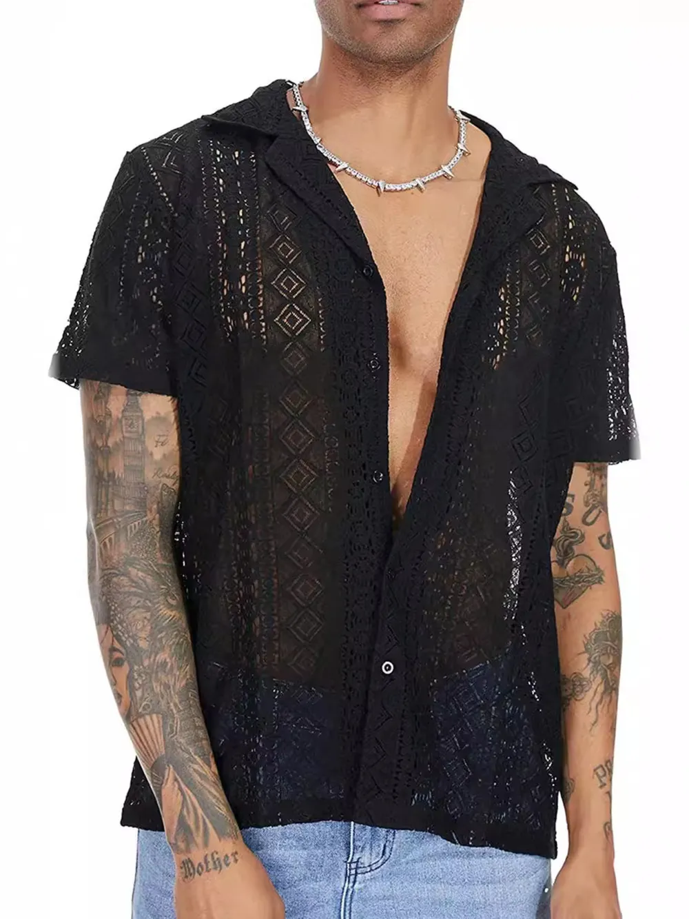 Men's Full Size Lace Button Up Short Sleeve Shirt Plus Size, image 6