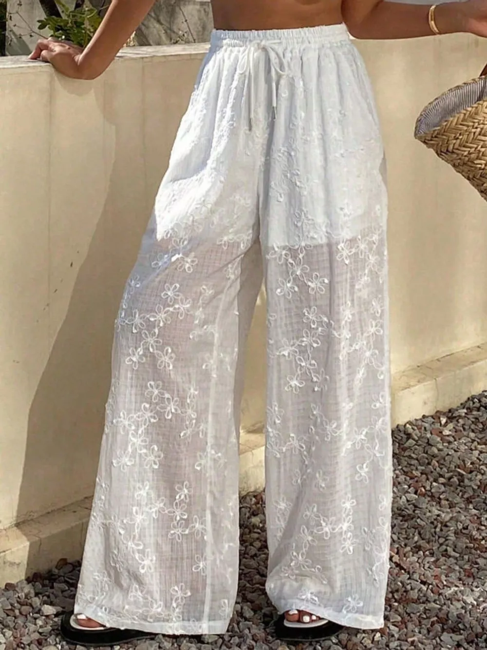 High-Waisted Sheer Floral Embroidered Wide-Leg Pants, image 2