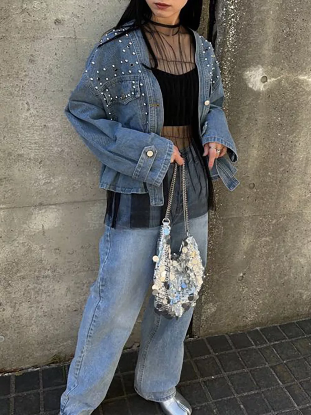 Studded Button Up Denim Jacket, image 5
