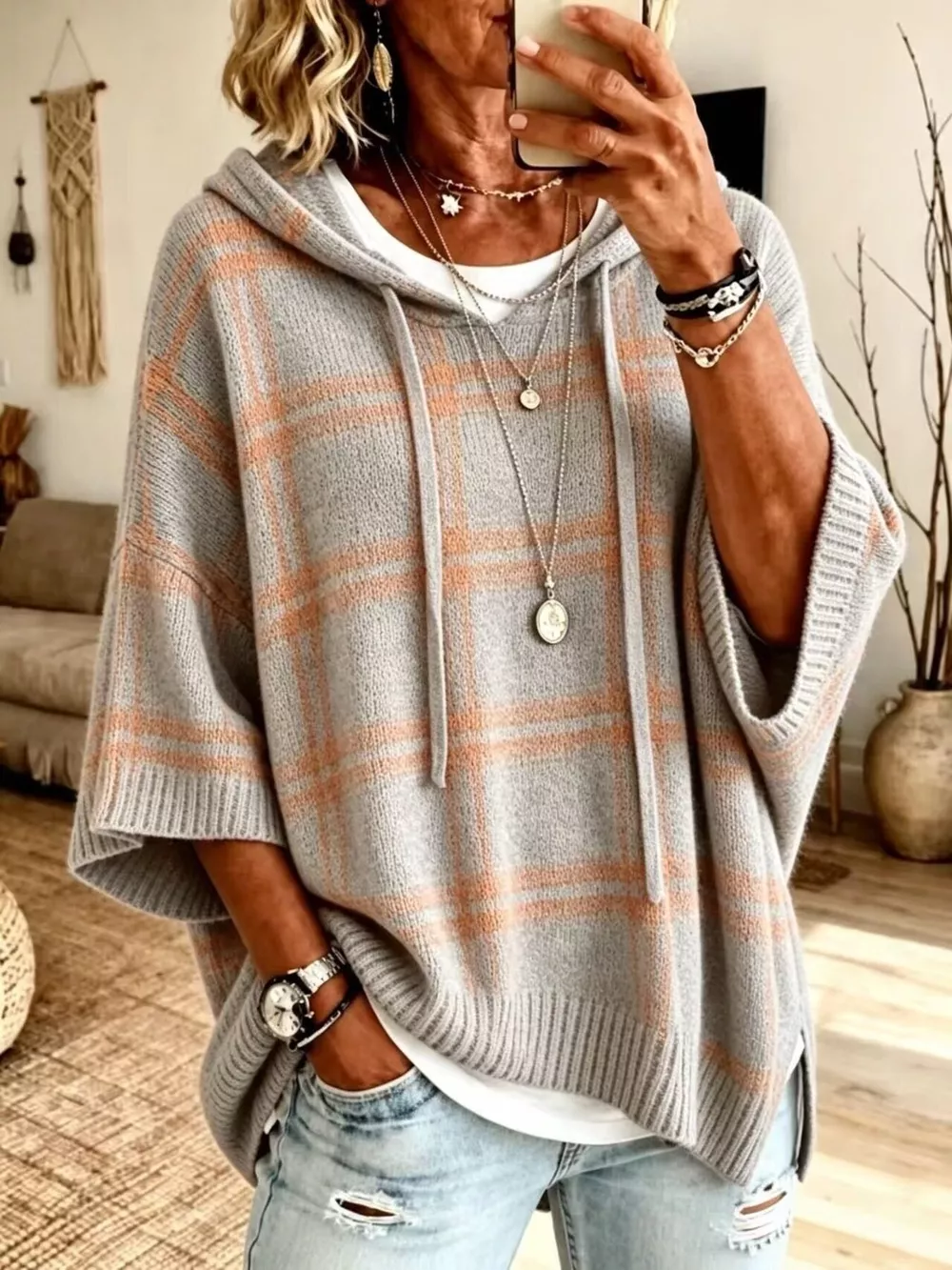 Full Size Drawstring Plaid Hooded Sweater Plus Size, image 7