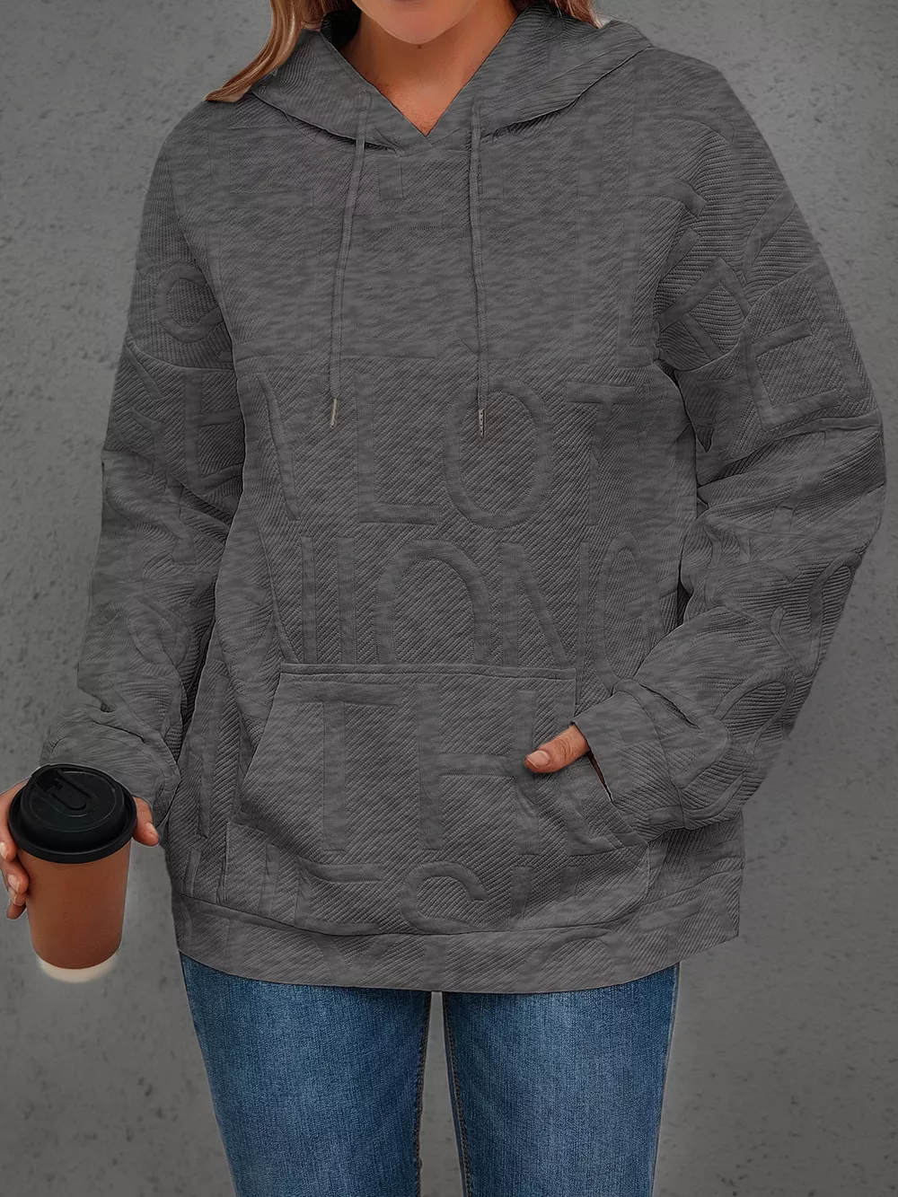 Full Size Textured Embossed Long Sleeve Hoodie Plus Size, image 25