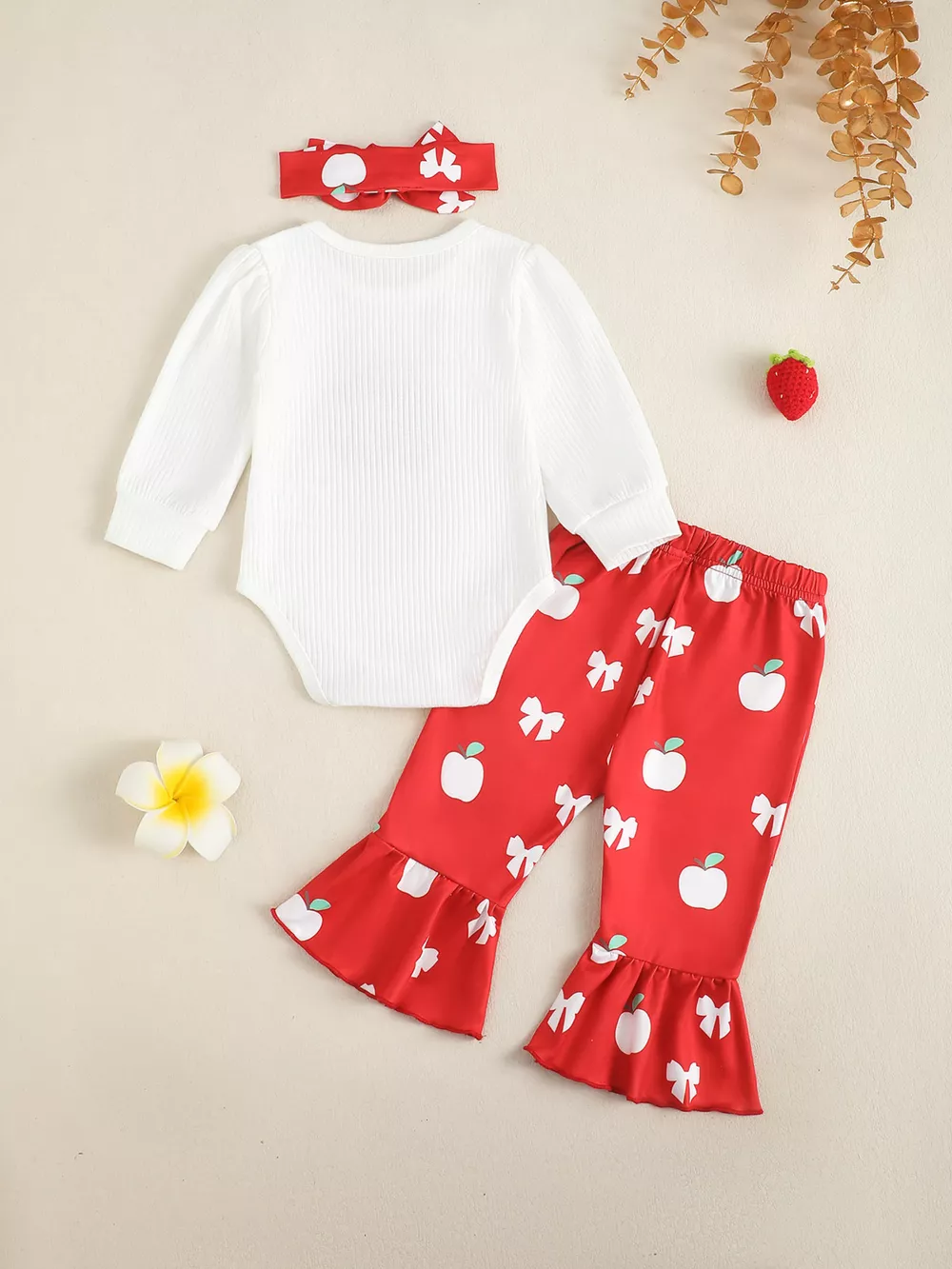 Children's Ribbed Apple Bodysuit & Flare Pants Set with Headband, image 7