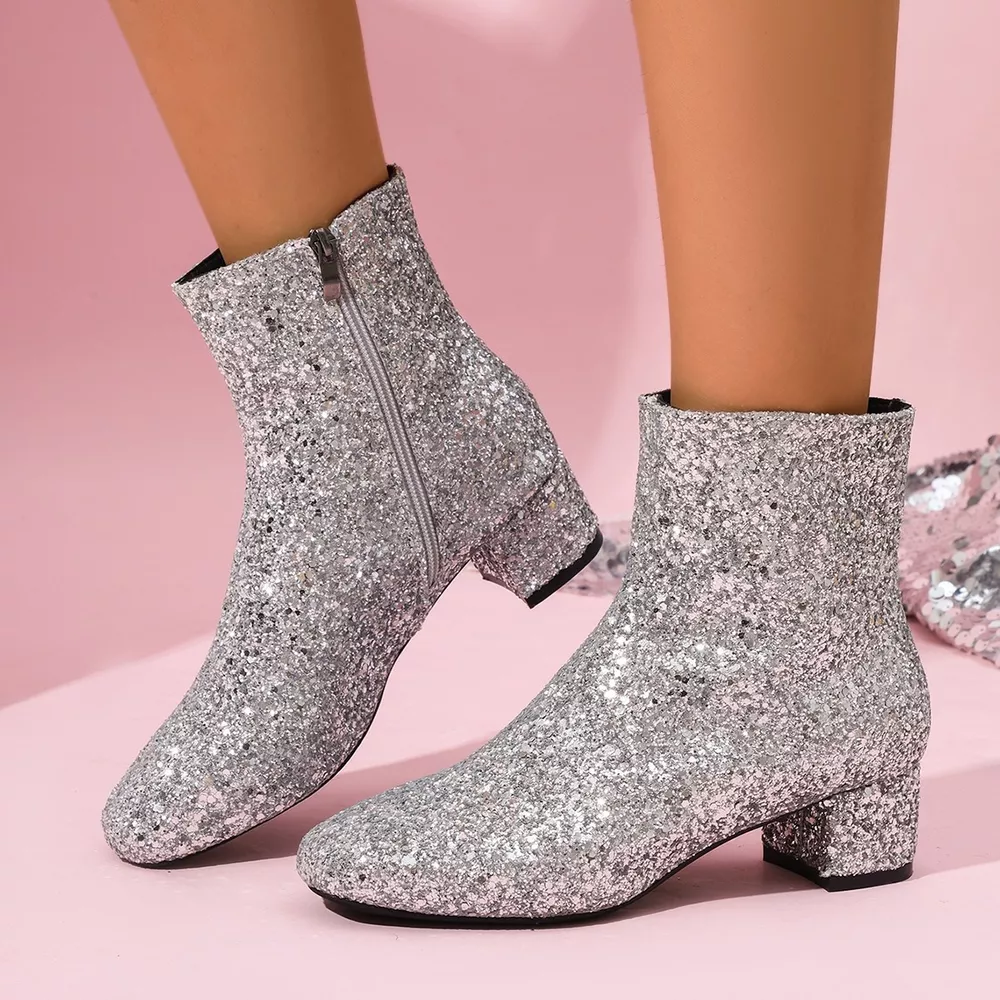 Sequin Round Toe Block Heels Boots, image 5