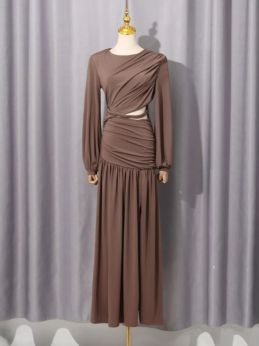 Ruched Long-Sleeve Maxi Dress with Cutout Detail, image 2