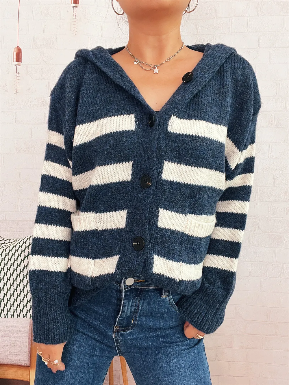 Striped Button-Up Hooded Cardigan, image 27