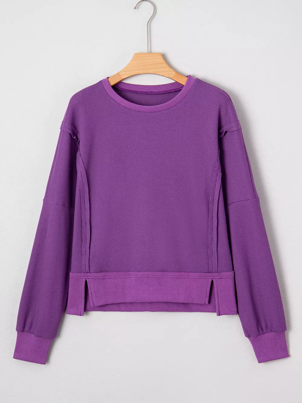Solid Color Raw Seam Patchwork Ribbed Drop Shoulder Sweatshirt, image 2
