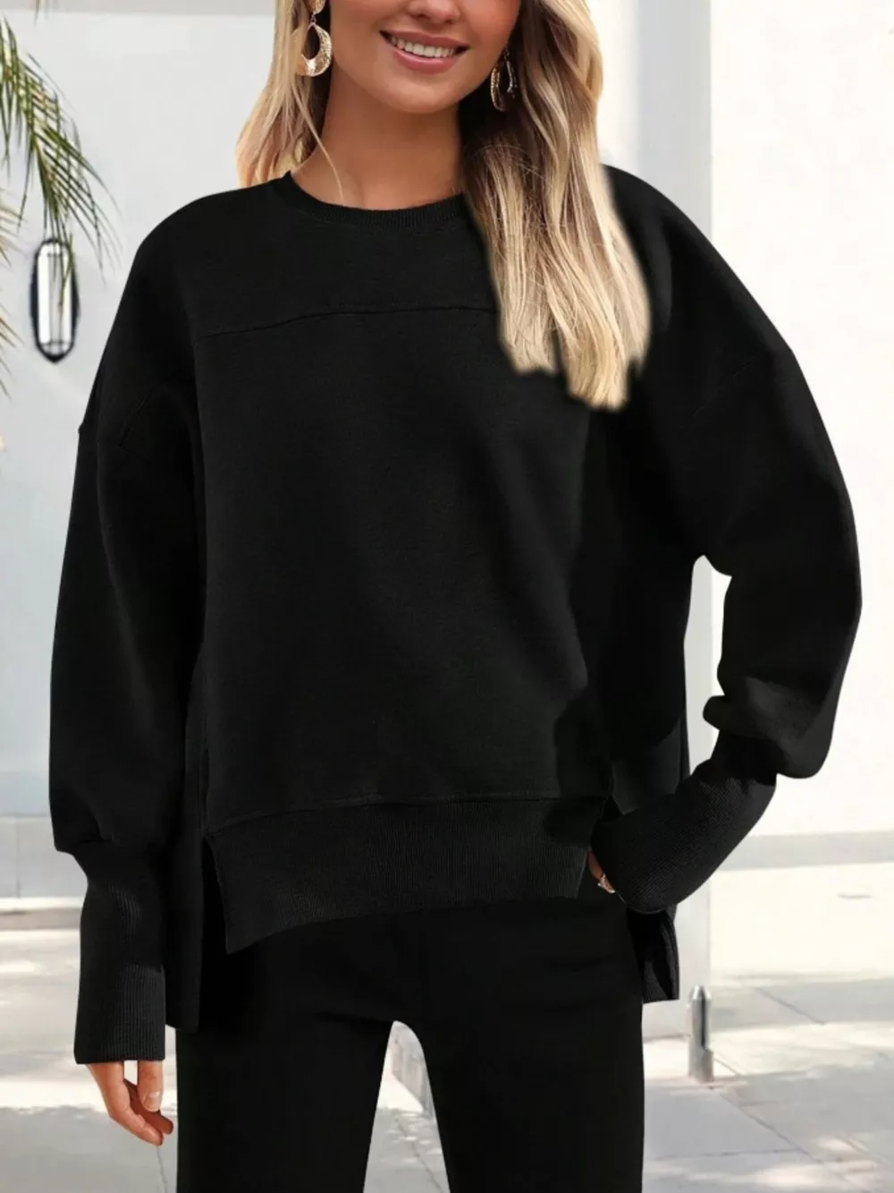 Slit Round Neck Dropped Shoulder Sweatshirt, image 30