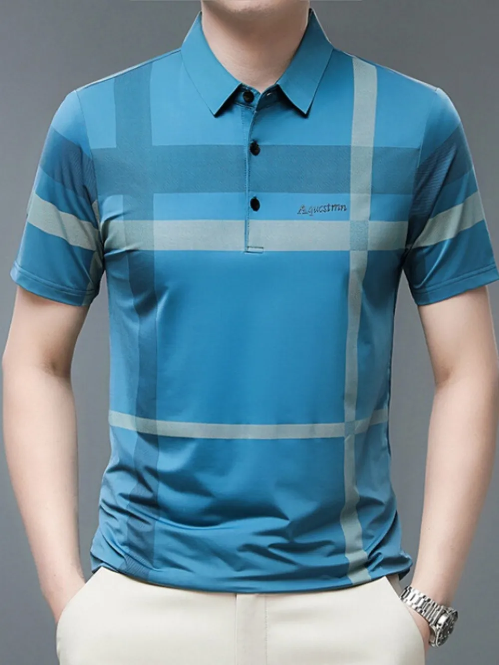 Men's Plus Size Geometric Striped Short Sleeve Polo, image 3