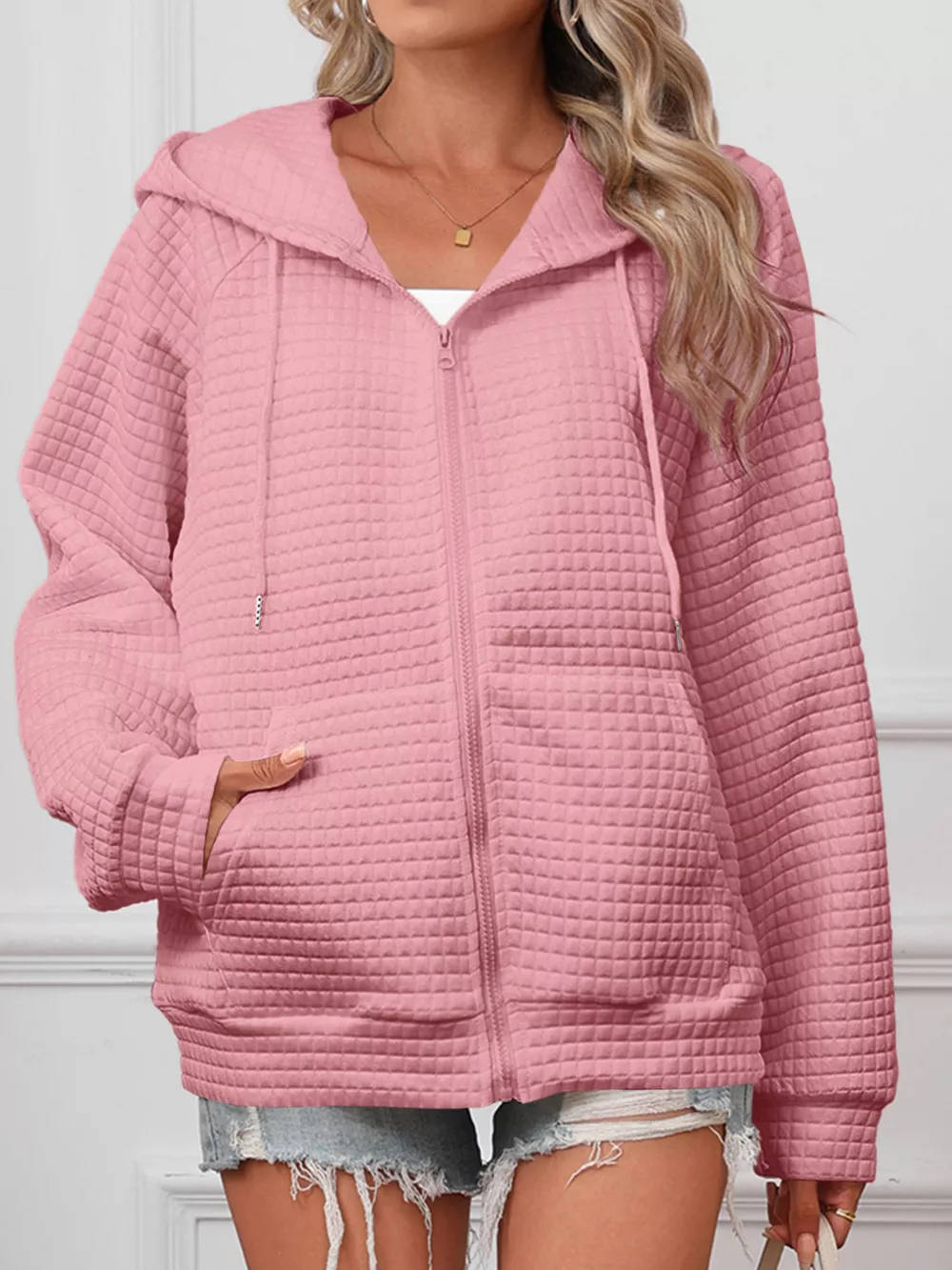 Full Size Textured Quilted Zip-Up Hooded Jacket Plus Size, image 8