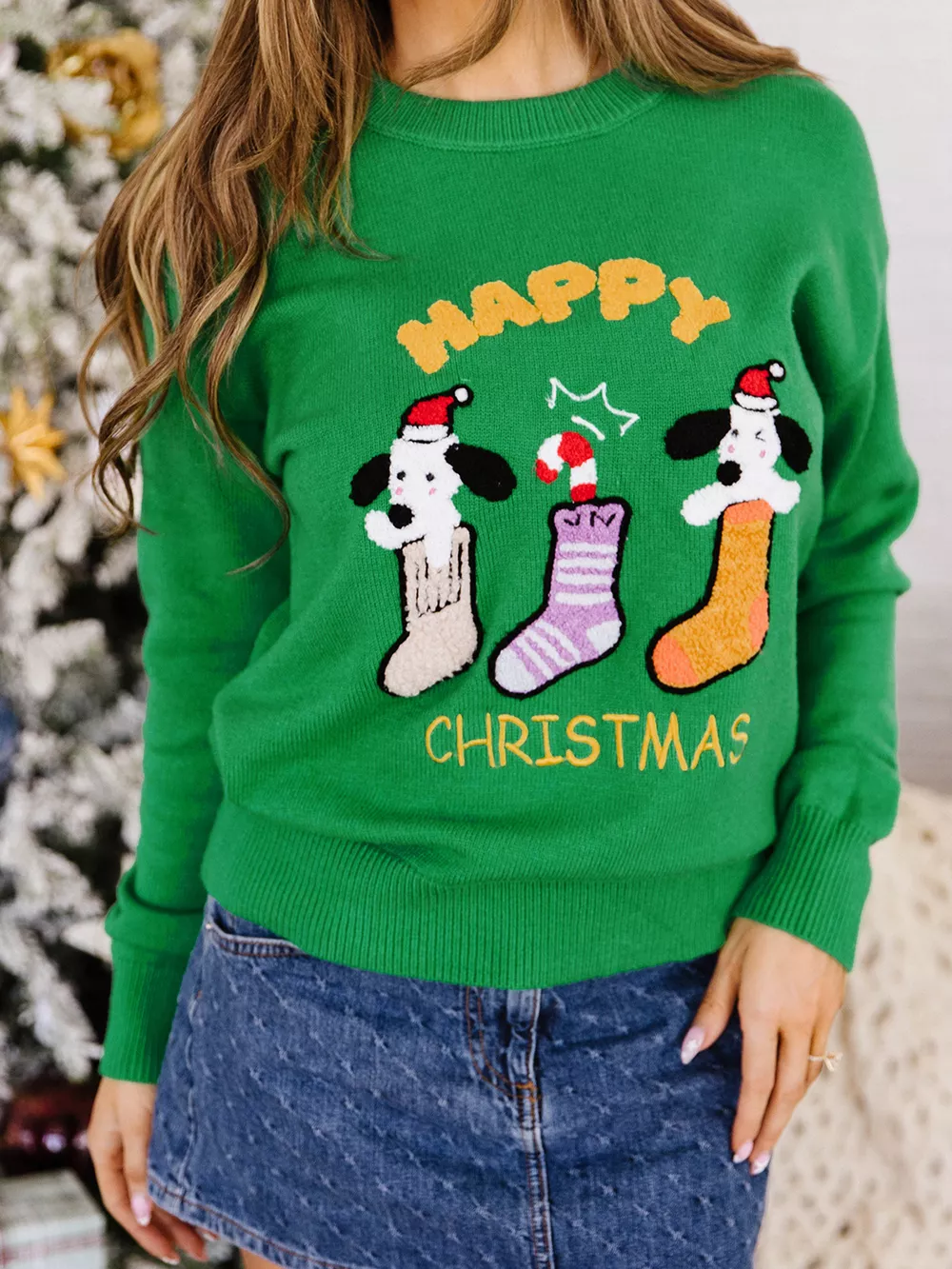 Abstract Patch Embroidery Christmas Pullover Sweater, image 3