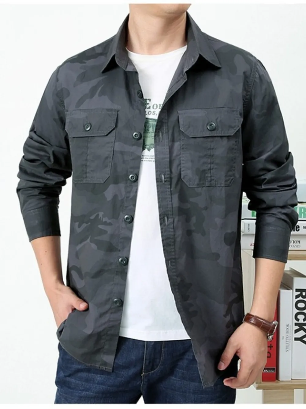 Men's Plus Size Camouflage Print Long Sleeve Shirt, image 4
