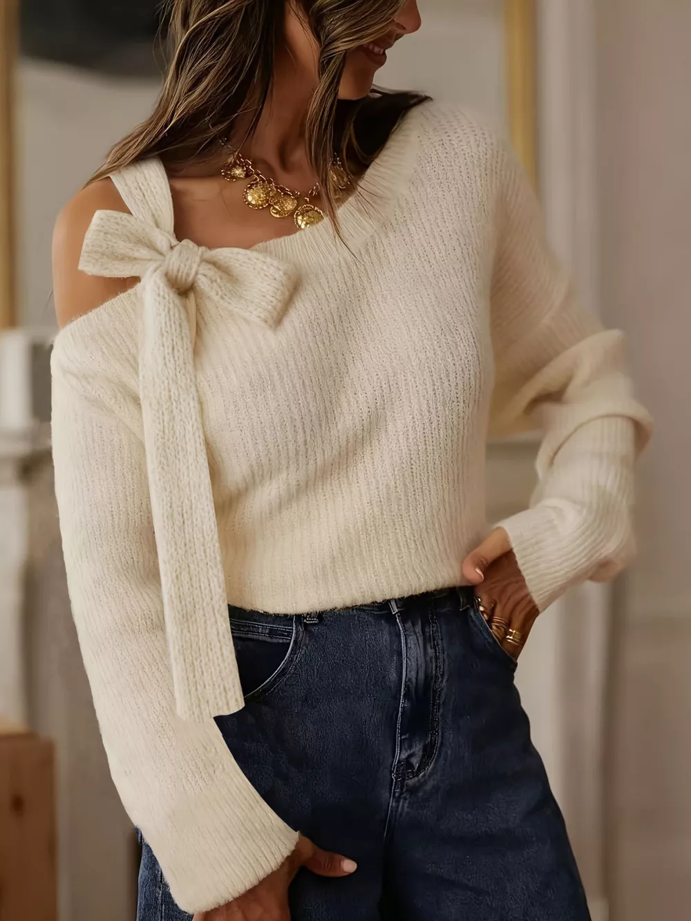 Bow-Accent One-Shoulder Sweater