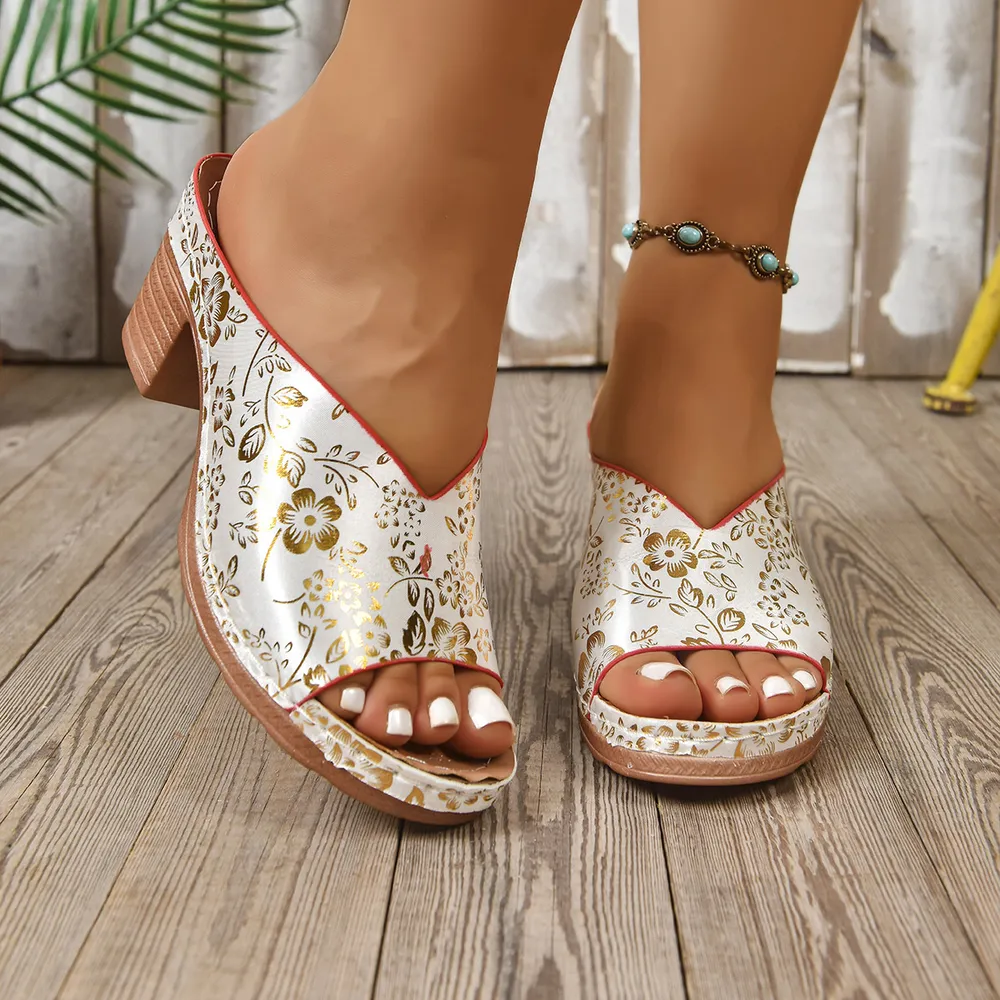 Printed Open Toe Block Heels Sandals, image 2