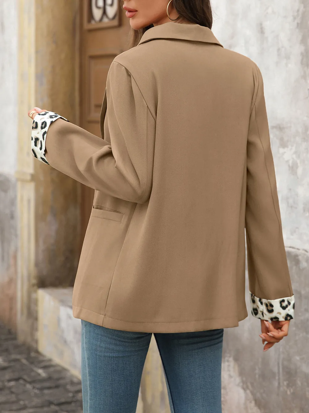 Lapel Collar Leopard Cuff Long Sleeve Blazer, image 2