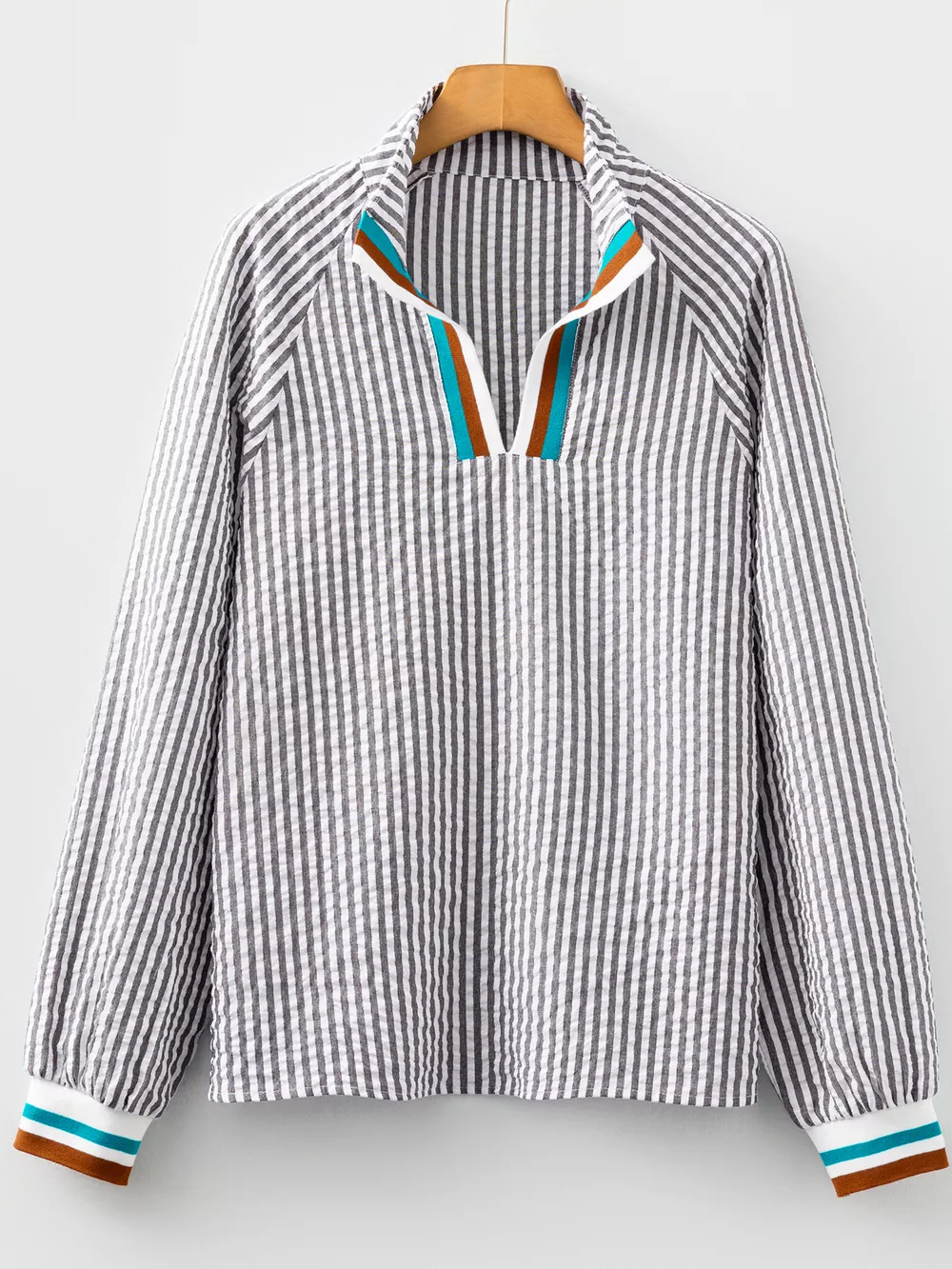 Striped Print Contrast Patchwork Detail Split Neck Blouse, image 3