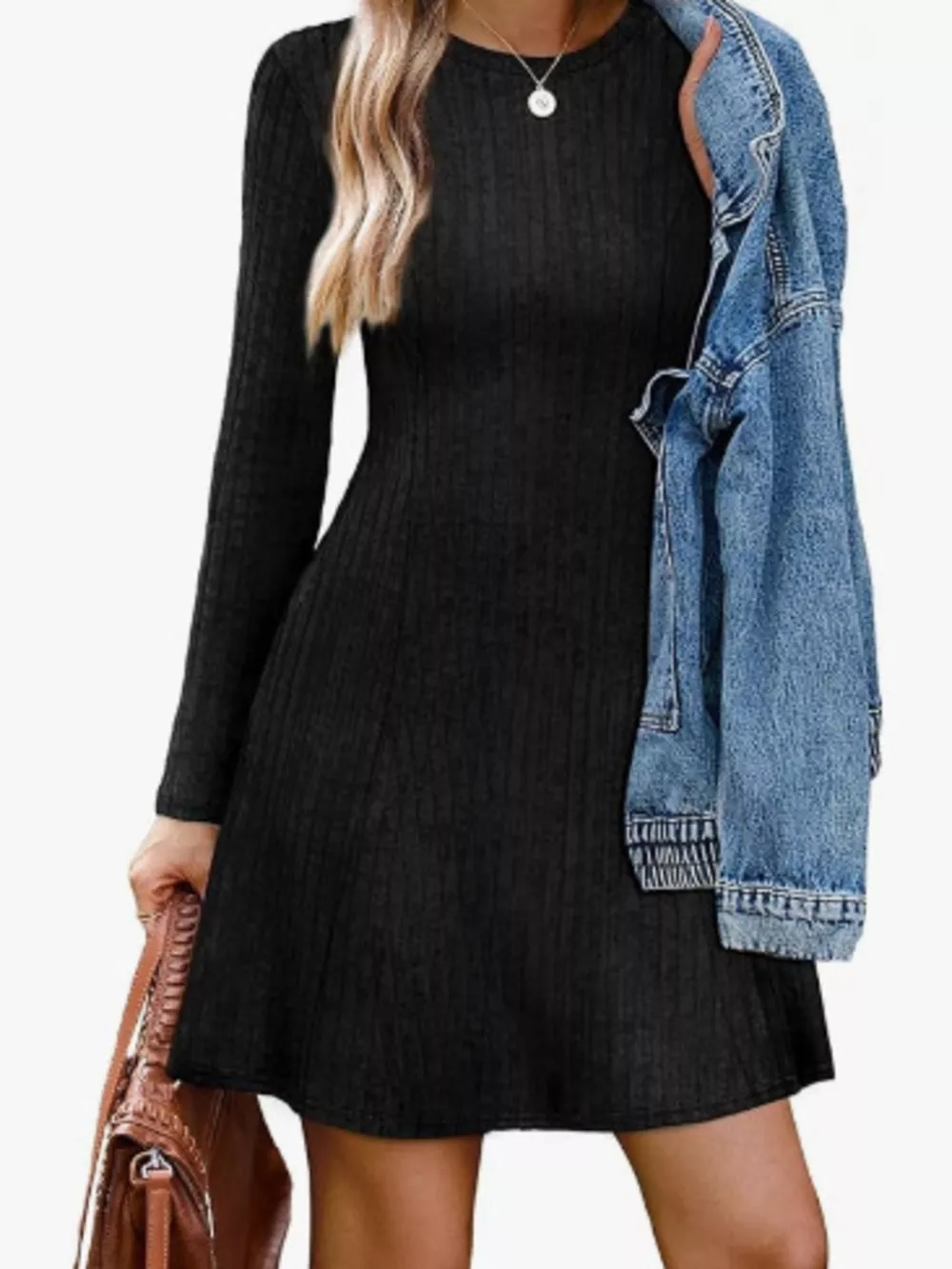 Ribbed Knit Long Sleeve A-Line Dress, image 8