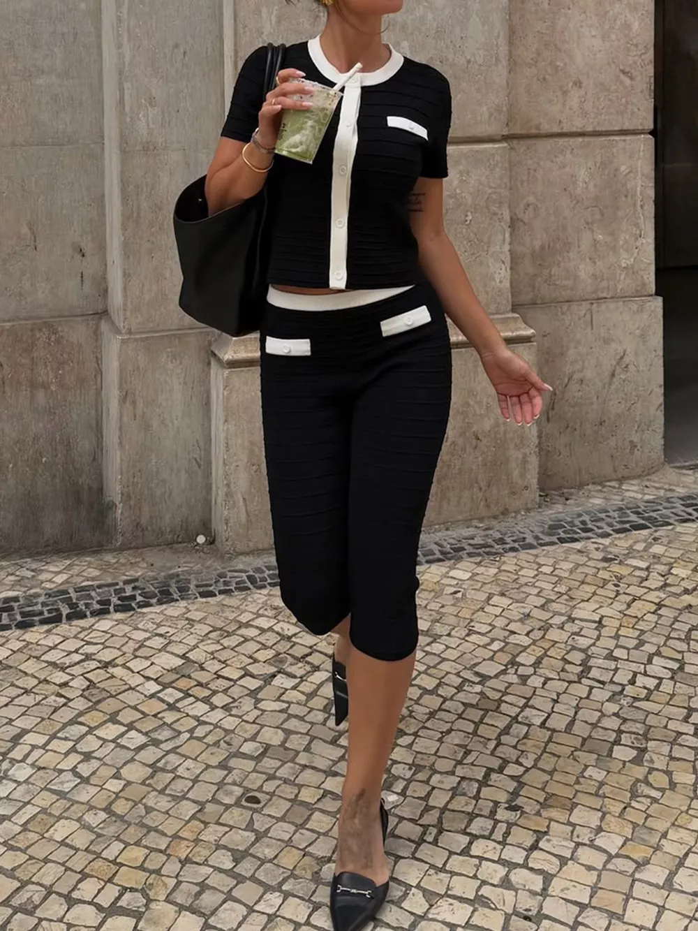 Contrast Trim Short Sleeve Top and Capris Set, image 4