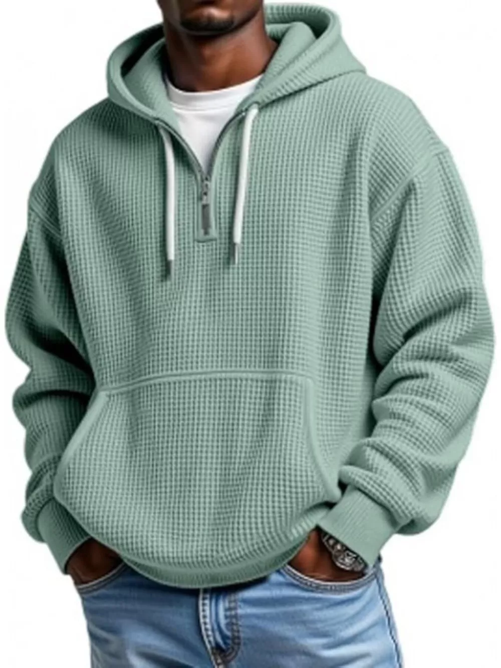 Men's Full Size Waffle Knit Quarter Zip Hoodie Plus Size, image 2