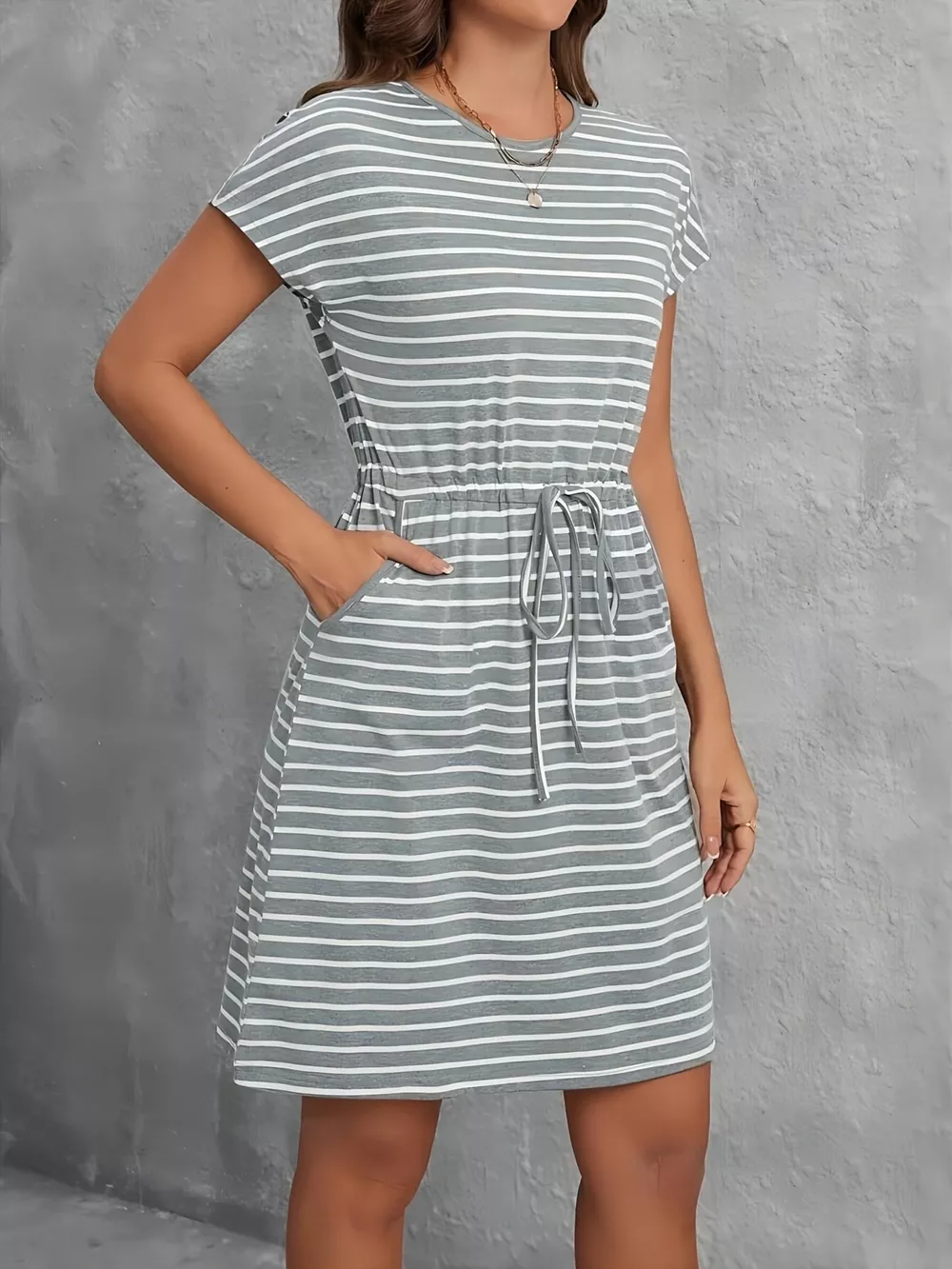 Casual Striped Drawstring Waist Dress, image 2