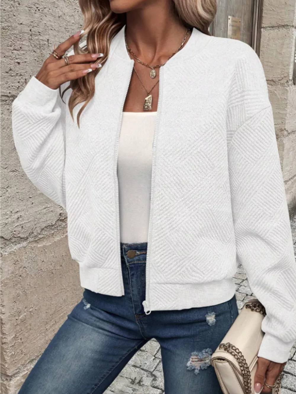 Textured Knit Zip-Up Bomber Jacket, image 29