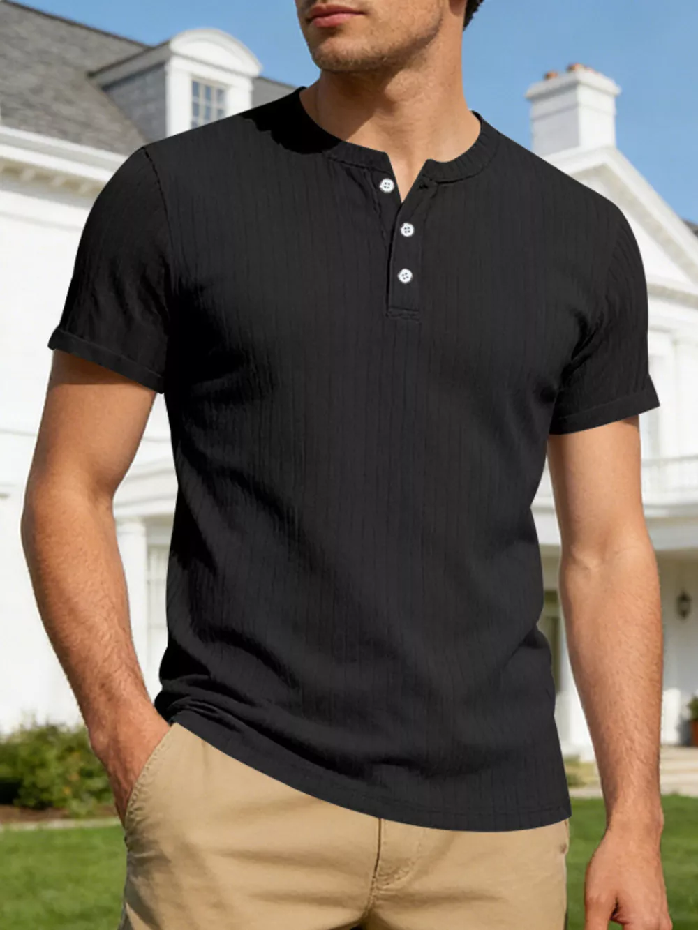 Men's Full Size Casual Ribbed Henley T-Shirt Plus Size, image 2