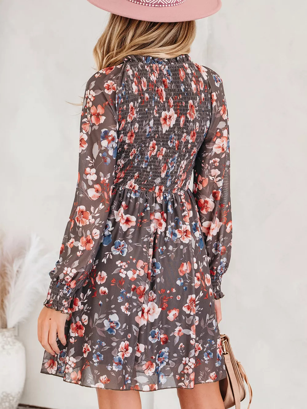 Frilly Smocked Bodice Floral Mesh Long Sleeve Mini Dress, image 3