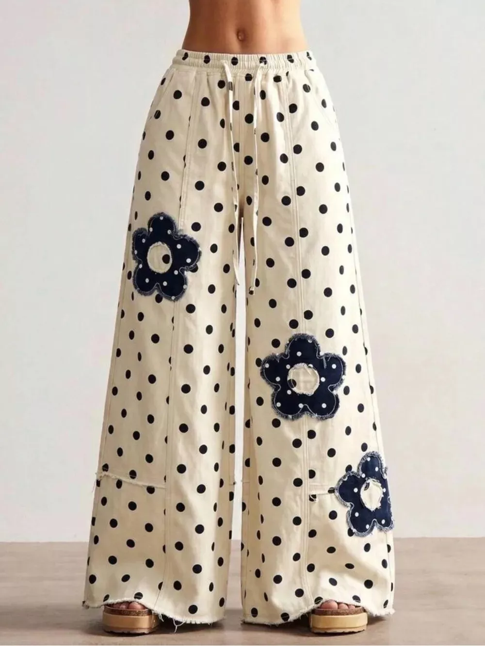 Floral Applique Polka Dot Wide-Leg Jeans, image 4