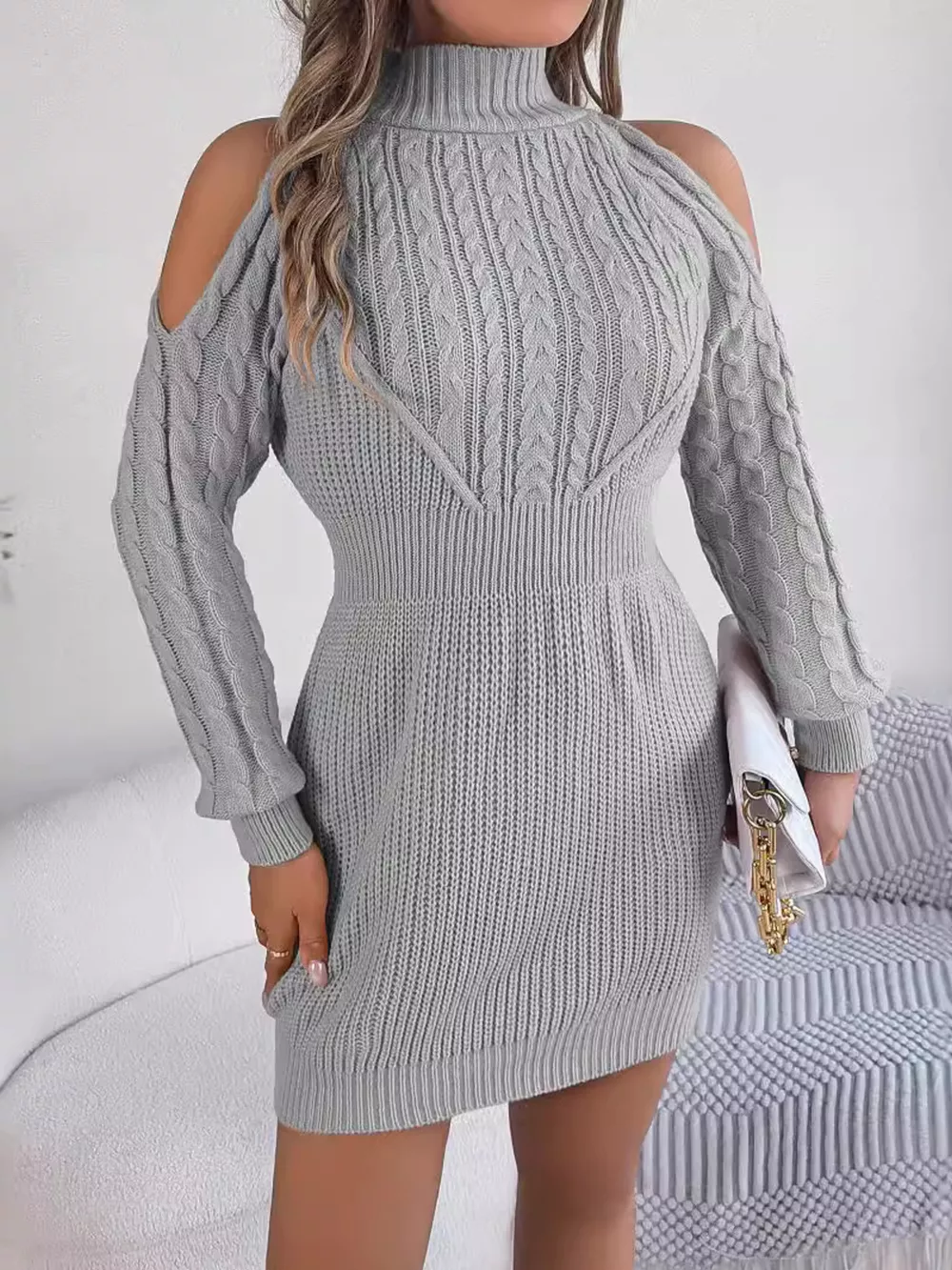 Cold Shoulder Cable Knit Turtleneck Sweater Dress, image 4