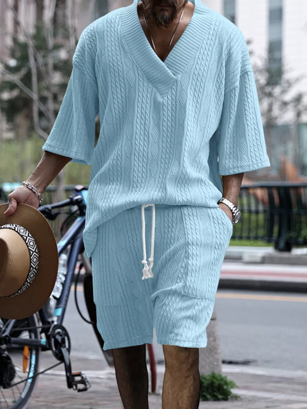 Men's Full Size Casual Knit V-Neck Short Sleeve Top and Shorts Set Plus Size, image 2