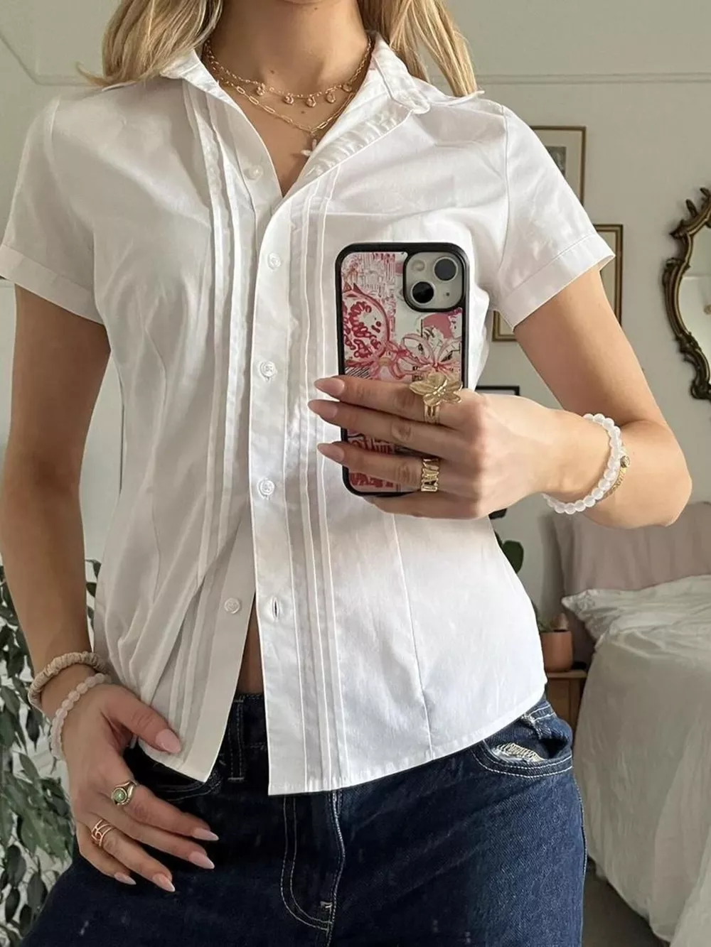 Button Dwon Pleated Short Sleeve Shirt, image 2