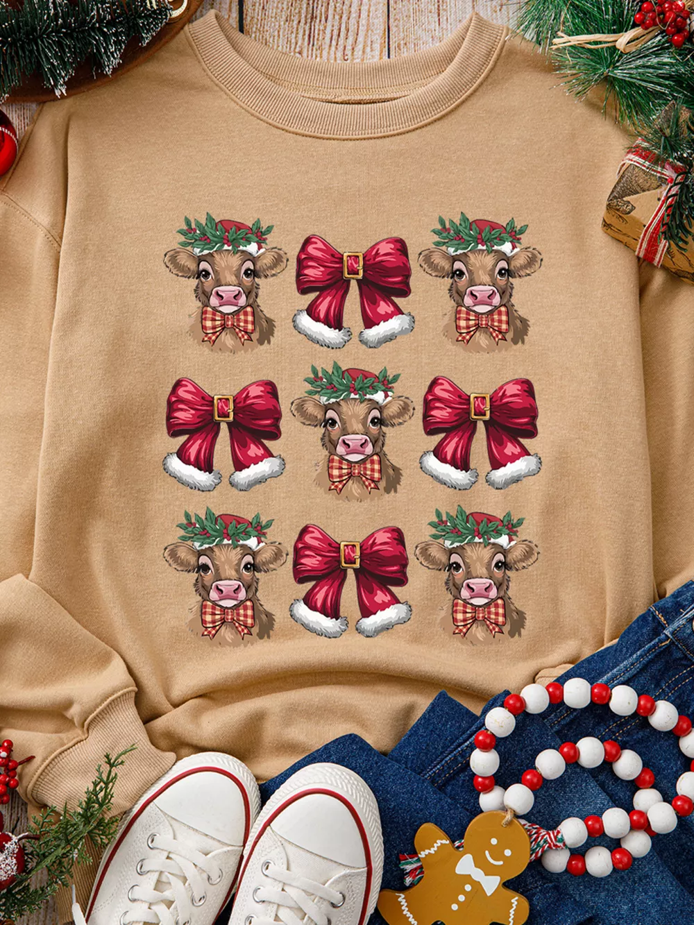 Christmas Heifer Bow Knot Print Casual Sweatshirt, image 2