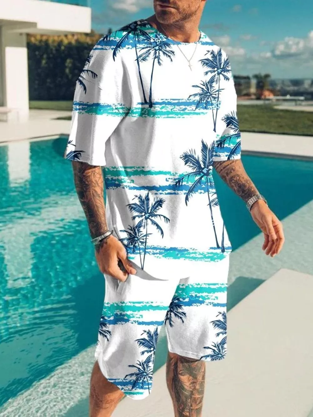 Men's Full Size Palm Tree Print Top and Shorts Set Plus Size, image 3