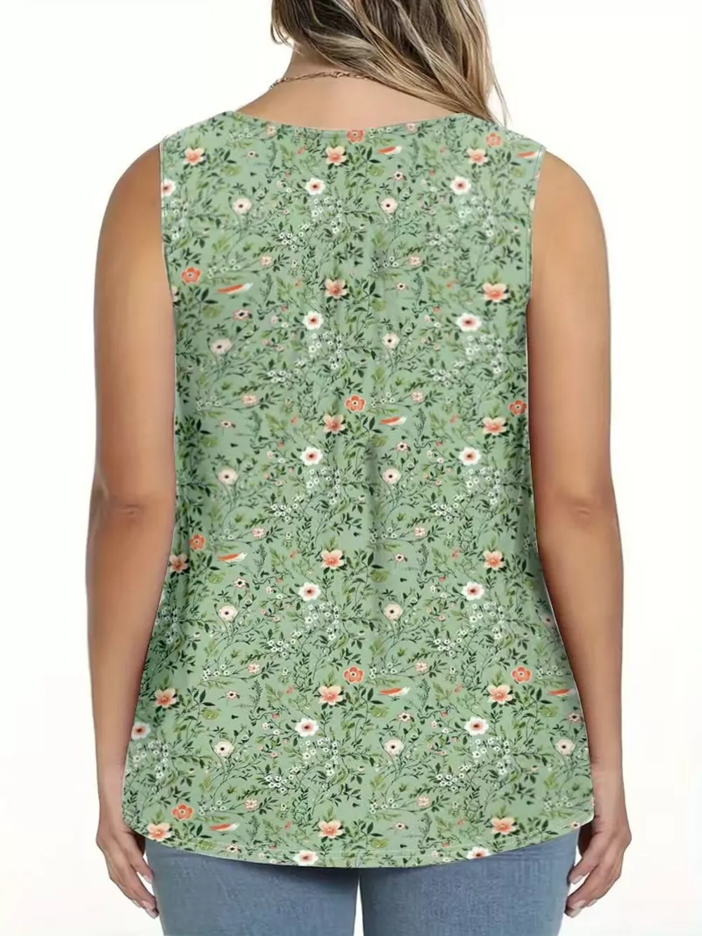 Full Size Floral Print Button Detail Tank Plus Size, image 3