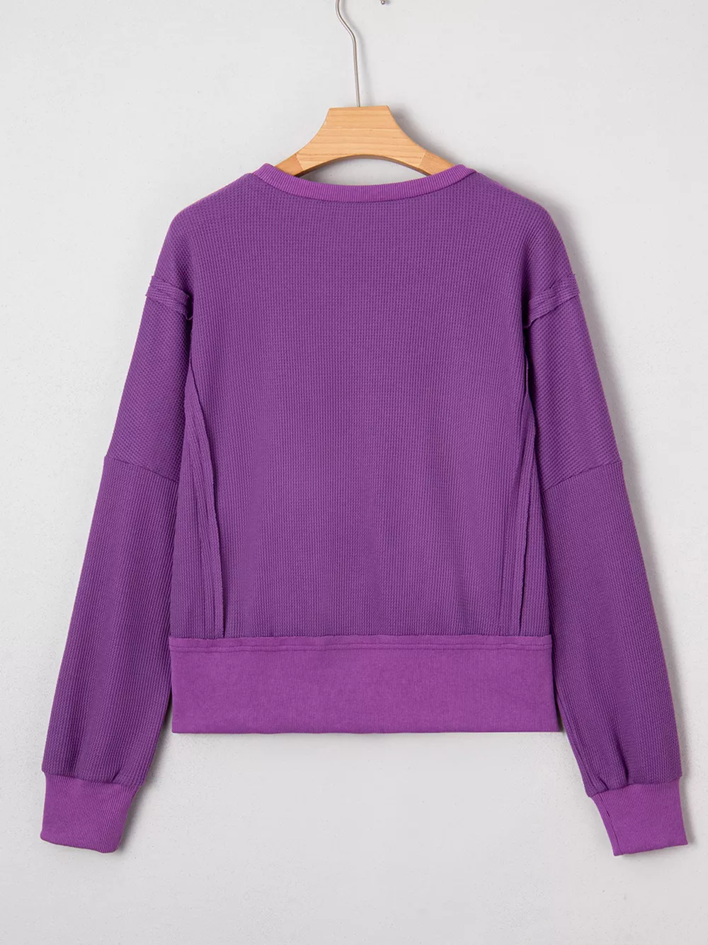 Solid Color Raw Seam Patchwork Ribbed Drop Shoulder Sweatshirt, image 3