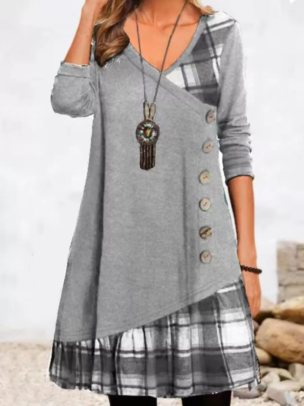 Full Size Asymmetrical Plaid Patchwork Long Sleeve Dress Plus Size, image 5