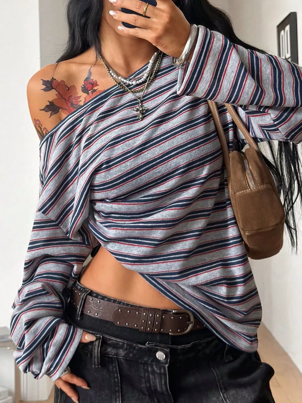 Striped Boat Neck Long Sleeve T-Shirt, image 9