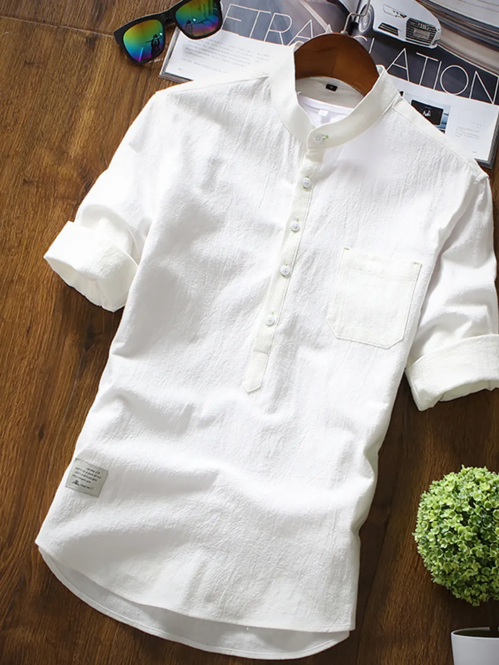 Men's Full Size Casual Mandarin Collar 3/4 Sleeve Shirt Plus Size, image 6