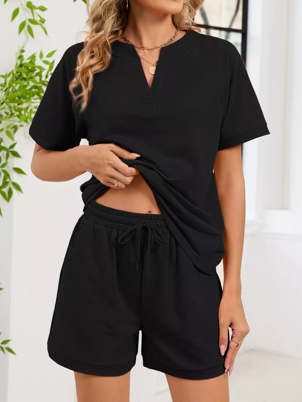 Notched Short Sleeve Top and Shorts Set, image 16
