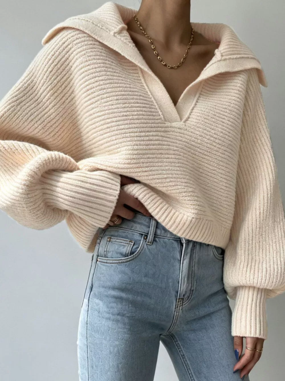 Oversized Collar Ribbed Cropped Sweater, image 2