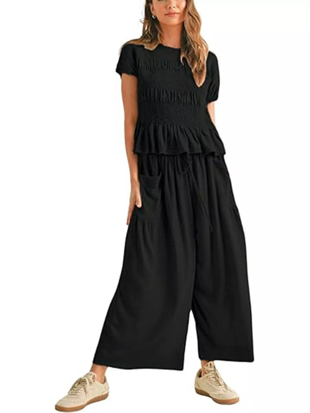 Smocked Peplum Top and Wide-Leg Pants Set, image 11